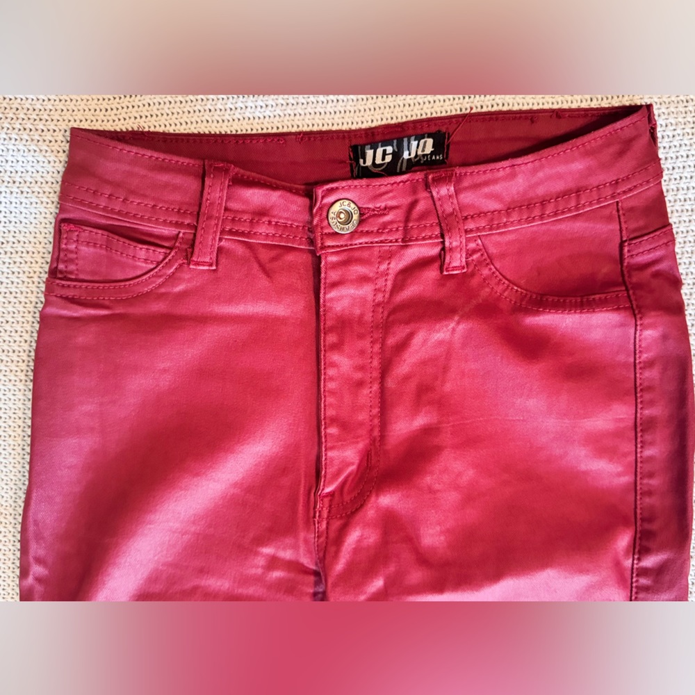JC & JQ High Waist Faux Leather Stretch Skinny Jeans Burgundy Red Skinny Pants - Picture 7 of 9
